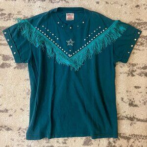 Vintage teal western fringe star studded embellished T Shirt sz M